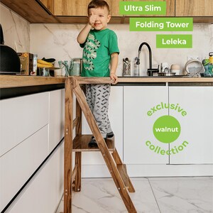 Walnut Helper Kitchen Tower, Ultra Slim learning stool for toddler, Foldable learning helper, Slim Ladder