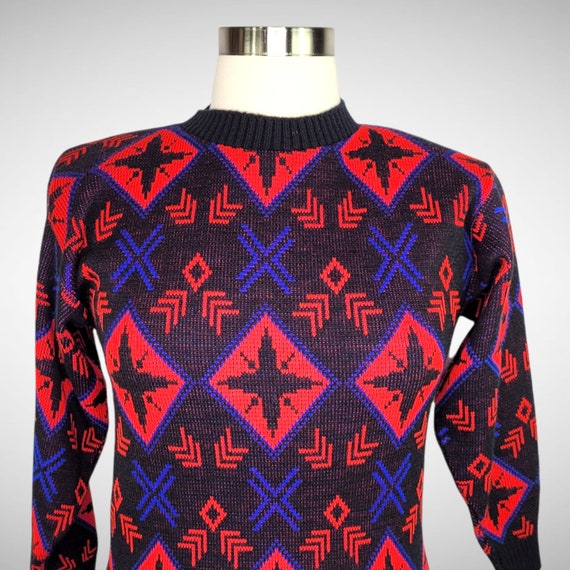 80s Does 50s Black Red Blue Geometric Pullover Sw… - image 5