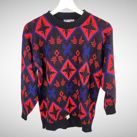 80s Does 50s Black Red Blue Geometric Pullover Sw… - image 7