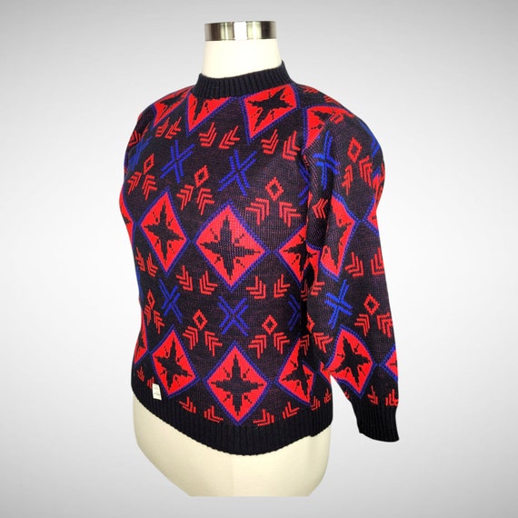 80s Does 50s Black Red Blue Geometric Pullover Sw… - image 3