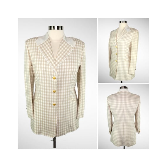 1980s ESCADA Tan White Check Linen Jacket Blazer … - image 1