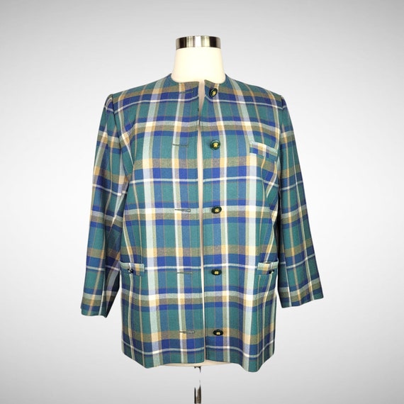 90s Collarless Irish Hand-Woven Wool Plaid Jacket… - image 2