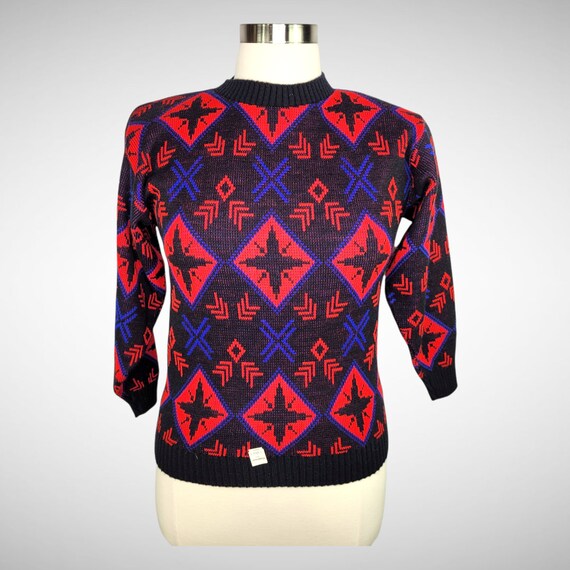 80s Does 50s Black Red Blue Geometric Pullover Sw… - image 2