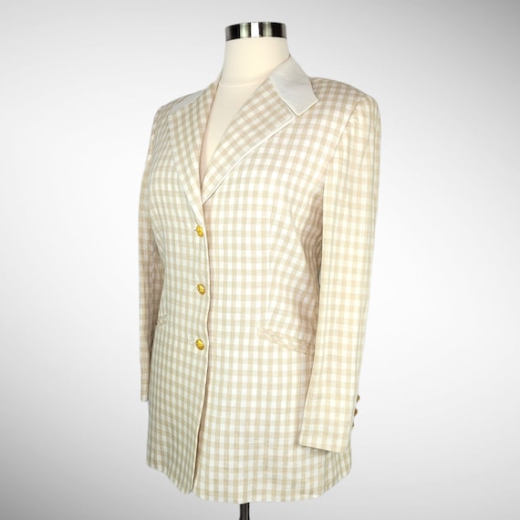 1980s ESCADA Tan White Check Linen Jacket Blazer … - image 4