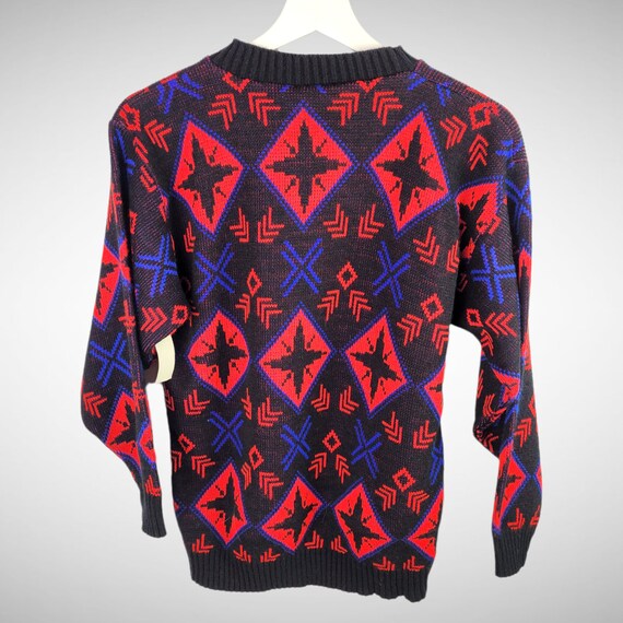 80s Does 50s Black Red Blue Geometric Pullover Sw… - image 8