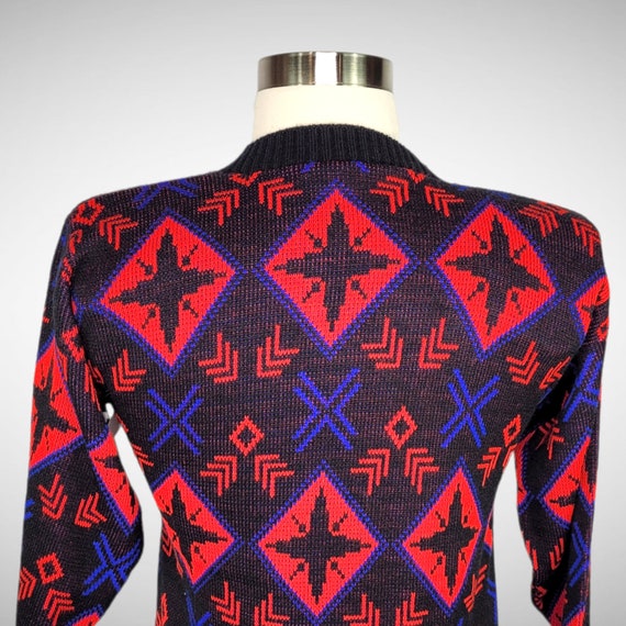 80s Does 50s Black Red Blue Geometric Pullover Sw… - image 6