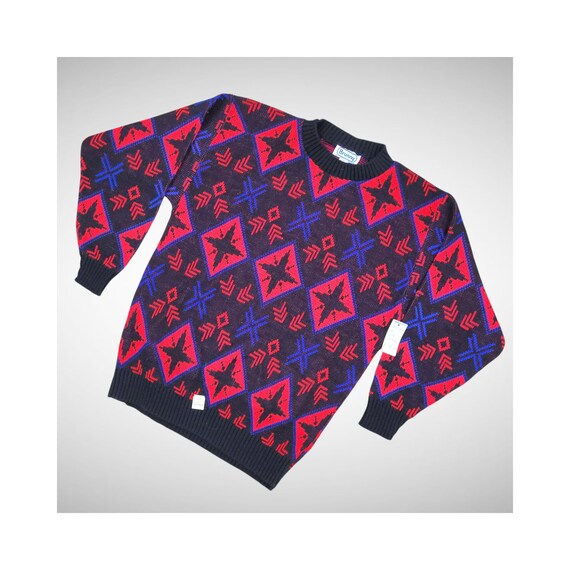 80s Does 50s Black Red Blue Geometric Pullover Sw… - image 1