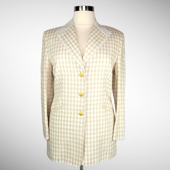 1980s ESCADA Tan White Check Linen Jacket Blazer … - image 2