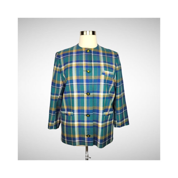 90s Collarless Irish Hand-Woven Wool Plaid Jacket… - image 1