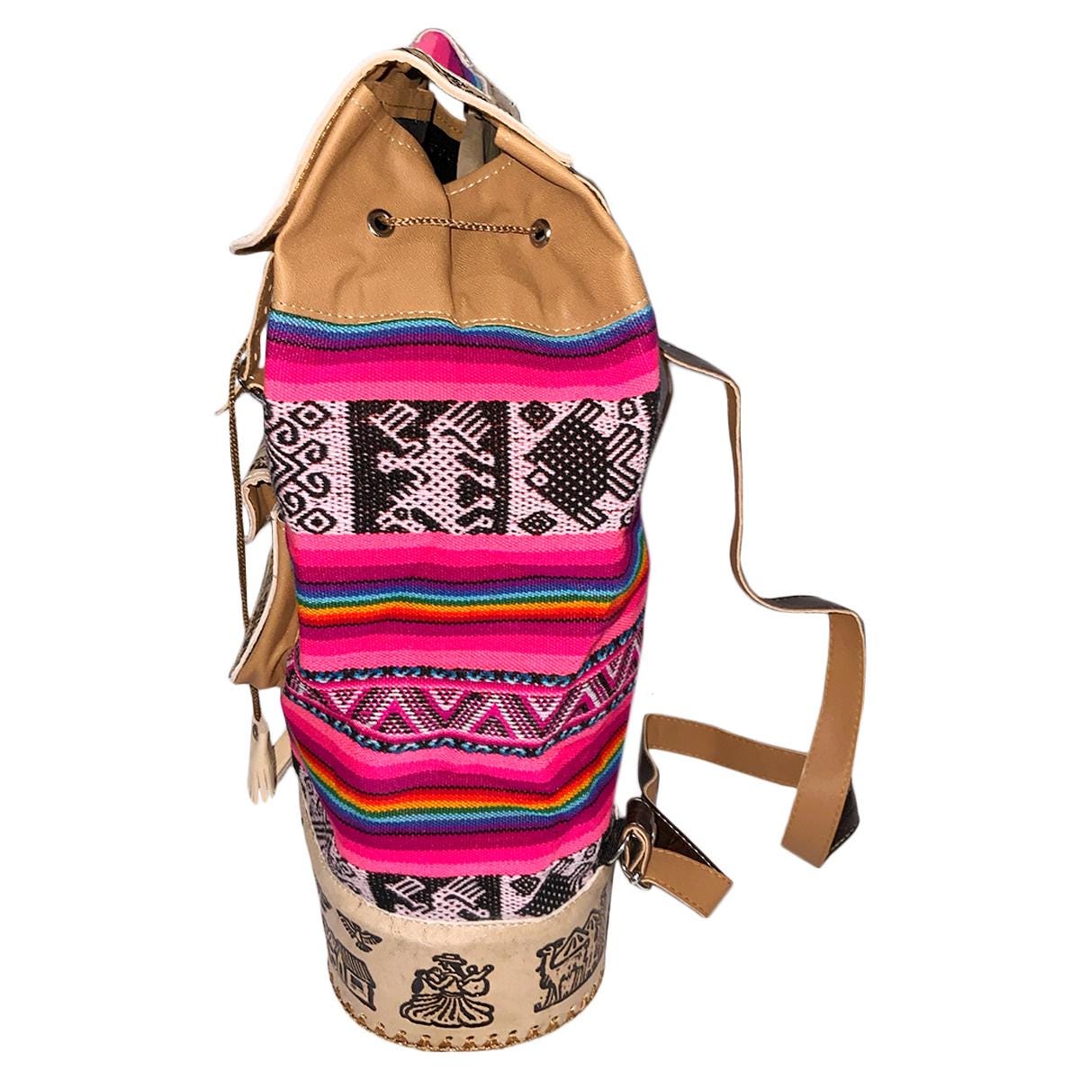NEW PERU CUSCO WOMEN\'S TEXTILE FABRIC EMBOSSED LEATHER BOHO BACKPACK BAG New Peru Cusco Women main image 3