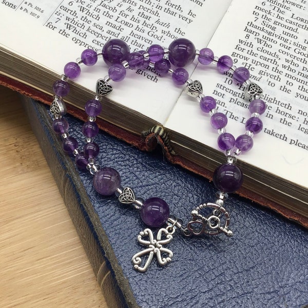 Pulsera de cuentas de oración protestante con nudo celta y amatista, cuentas de oración episcopales, anglicanas y metodistas, joyería funcional