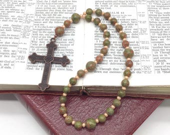 Unakite Gemstone Christian Prayer Beads with Fleur de Lis Cross: Protestant, Anglican Rosary.