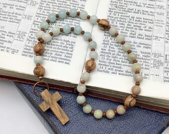 Amazonite and Olive Wood Protestant Prayer Beads, Episcopal, Methodist, Anglican Rosary, Prayer Focus Pocket Devotional Aid.