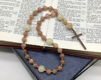 Sunstone and Jade Beads, Copper Cross, Protestant, Methodists, Episcopal Prayer Beads, Anglican Rosary, Prayer Tool Devotional Aid.