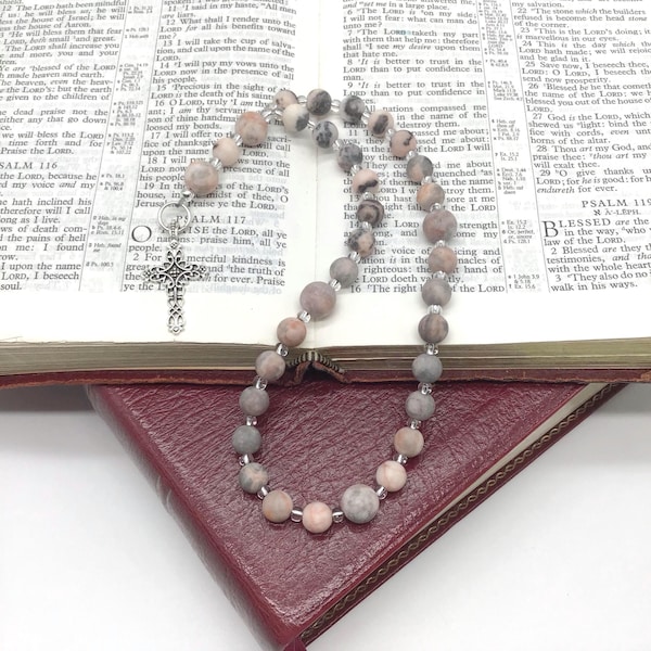 Pink Zebra Christian Prayer Beads with Decorative Cross: Protestant, Anglican Rosary