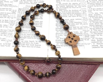 Tiger's Eye Christian Prayer Beads with Olive wood Celtic Cross: Protestant, Anglican Rosary.