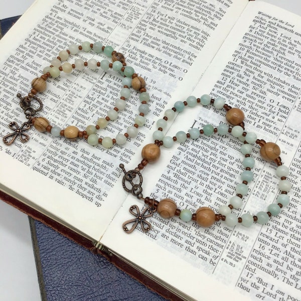 Amazonite, Olive Wood and Copper Cross Protestant Prayer Bead Bracelet, Episcopal, Anglican, Methodist, Functional Jewelry, 2 sizes in stock