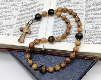 Olive Wood Cross and Beads, Tiger's Eye Protestant Prayer Beads , Episcopal, Methodist, Anglican Rosary, Prayer Focus Pocket Devotional Aid