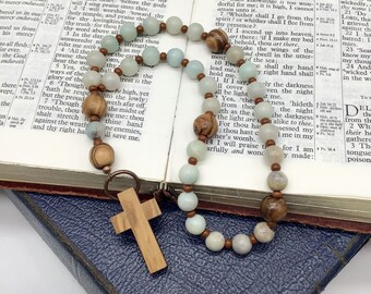 Amazonite and Olive Wood Protestant Prayer Beads, Episcopal, Methodist, Anglican Rosary, Prayer Focus Pocket Devotional Aid.