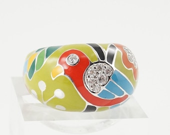 Retro Sterling Ring by Belle Etoile, Size 6, Bird and Flowers, Italian Enamels, Rhodium Plated, Crystals