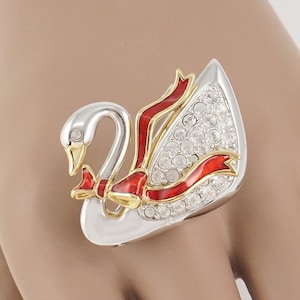 Swarovski Crystal Christmas Swan with Bow Pin,  Made in Austria, Genuine, Holiday Jewelry, Swan Gift
