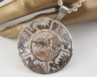 900 Silver Quetzal Pin and Pendant Combination with Sterling Chain and Gold Wash, Exotic Bird, Guatemala National Bird, Parrot Jewelry