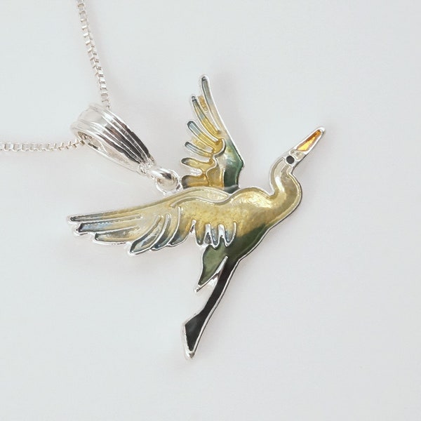 Silver Plate Flying Heron Necklace, Cloisonne Enamel, Crane Jewelry, Egret, Beach Wedding