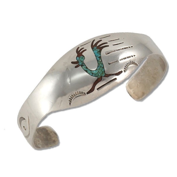 Gilbert Ortega Roadrunner Cuff Bracelet, Sterling Silver Coral Turquoise, New Mexico State Bird, Native American