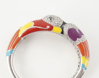 Sterling Belle Etoile Toucan Bangle Bracelet, Tropical Bird, Italian Enamel, Aracari Gift