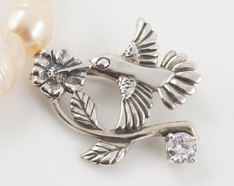Dainty Kabana Hummingbird Pin with CZ Stone, Sterling Silver, Spring Jewelry, Birdwatcher Gift, Bird Lover
