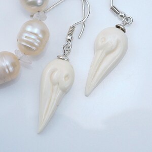 Bone and Sterling Heron Crane Earrings, Hand Carved, Birdwatcher Gift, Bird Lover Jewelry