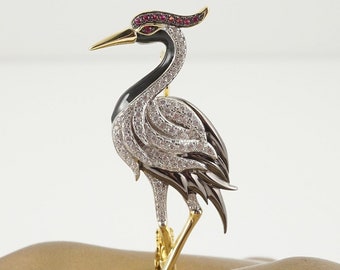 Sterling Vermiel Heron Pin with Ruby and CZs, Crane Brooch, Gemstone Bird, Birdwatcher Gift