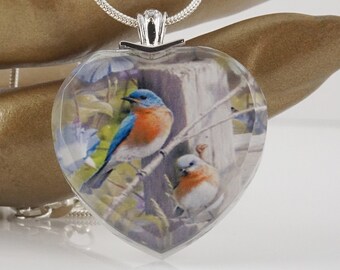 Bradford Exchange Male and Female Bluebird Necklace, Crystal Heart, Silver Plate Chain, Spring Jewelry