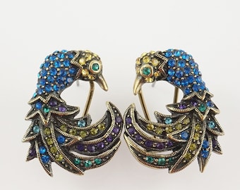 Heidi Daus Peacock Earrings, Clip or Pierced, Bird of Paradise, Rhinestone Birds, Designer Jewelry