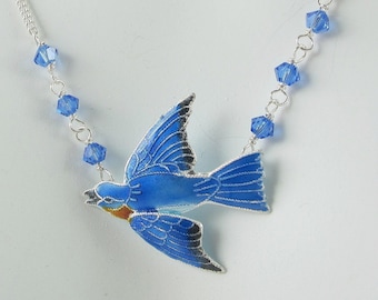 Collier oiseau bleu en argent sterling et cloisonné, cristaux autrichiens, émail bleu, bijoux d'oiseau, animal, oiseau du bonheur