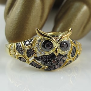 Sterling Horned Owl Ring with Chocolate Cubic Zirconia and Gold Wash, Fall Wedding, Halloween, Totem Animal