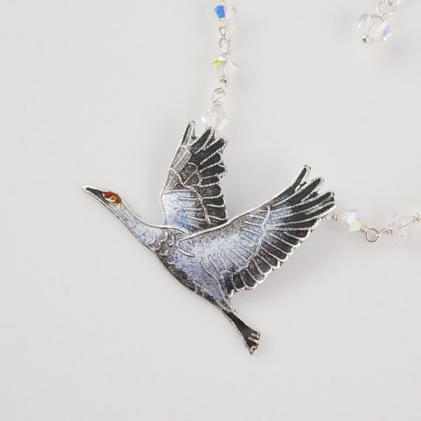 Sterling Cloisonne Sandhill Crane Necklace with Crystals, Heron Lover, Good Luck Bird, Birdwatcher Gift