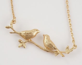 Two Birds on a Branch Necklace, 18 kt. Gold Plate, Best Friends, Two Friends, Birdwatcher Gift, Bird Lover