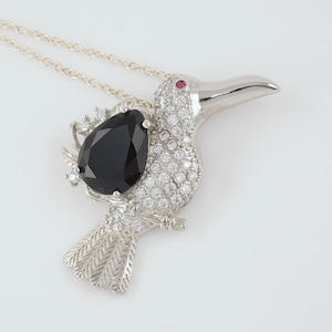 Sterling Toucan Necklace with CZ Onyx Ruby Eye, Aracari Gift, Tropical Bird, Parrot Lover