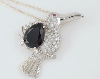 Sterling Toucan Necklace with CZ Onyx Ruby Eye, Aracari Gift, Tropical Bird, Parrot Lover