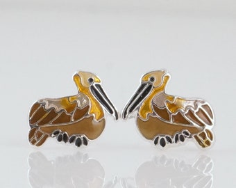 Small Silver Plate Pelican Post Earrings, Cloisonne Enamel, Bird Jewelry, Pelican Lover Gift, Louisiana State Bird