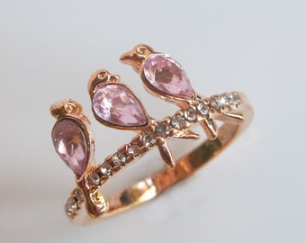 Pink \ Purple Bird Ring, Bird Trio, Three Birds, Rhinestone Bird Jewelry, Bird Lover, Bird Gift, Animal Ring, Amethyst