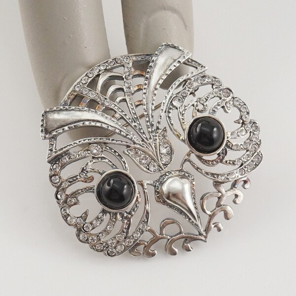 MET Night Owl Brooch, Sterling Silver, Crystal, Onyx, French Design, Art Nouveau