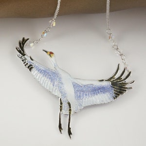 Sterling Cloisonne Whooping Crane Necklace, Austrian Crystals, Heron Lover Gift, Bird Jewelry