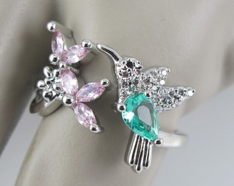 Adjustable Sterling Hummingbird and Flower Ring with CZ Stones, Bird in Flight,  Spring Jewelry, Animal