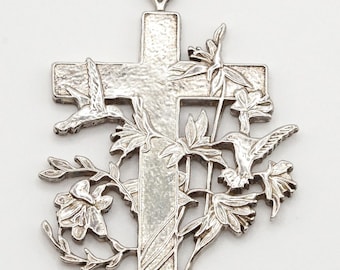 Sterling Cross Pendant with Hummingbirds, Communion Gift, Easter Jewelry, Bird Lover Gift