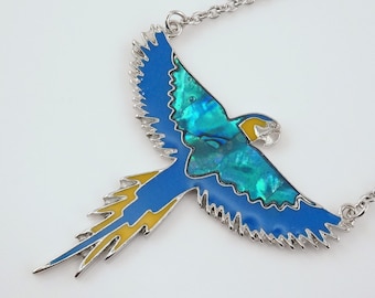 Abalone Shell Flying Parrot Necklace, Blue and Gold Macaw,  Parrot Jewelry, Bird Jewelry, Parrot Lover Gift, Mother&#39;s Day