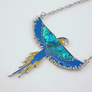 Abalone Shell Flying Parrot Necklace, Blue and Gold Macaw,  Parrot Jewelry, Bird Jewelry, Parrot Lover Gift, Mother&#39;s Day