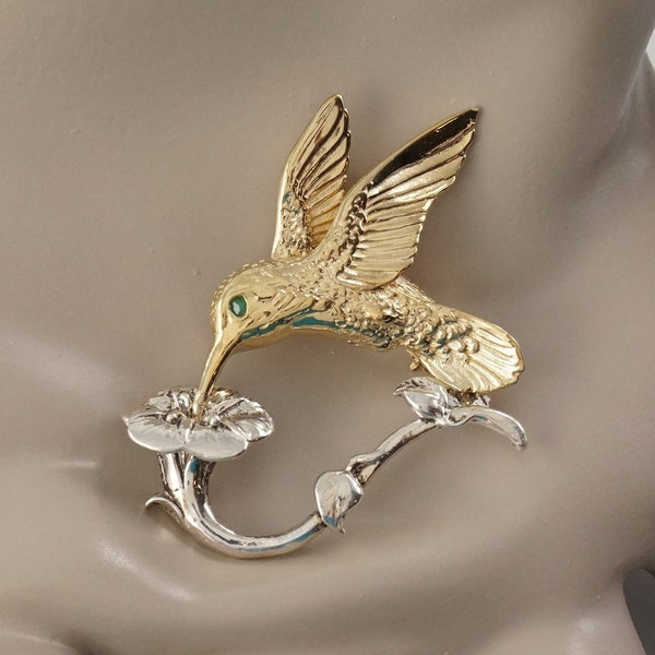 14kt and Sterling Hummingbird Brooch from National Audubon Society, Emerald Eye, B.A. Ballou & Co, Flower, Fine Jewelry Bird