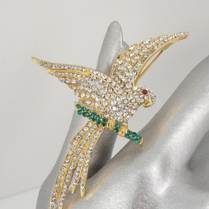 Vintage Perched Parrot Brooch with Rhinestones, Exotic Bird, Parrot Lover Gift, Pet Parrot, Bird Jewelry